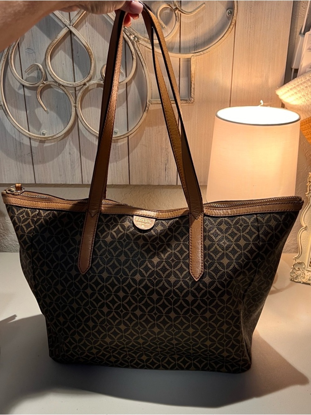 Fossil Sydney Tan & Chocolate Coated Canvas Tote Bag - Picture 8 of 10